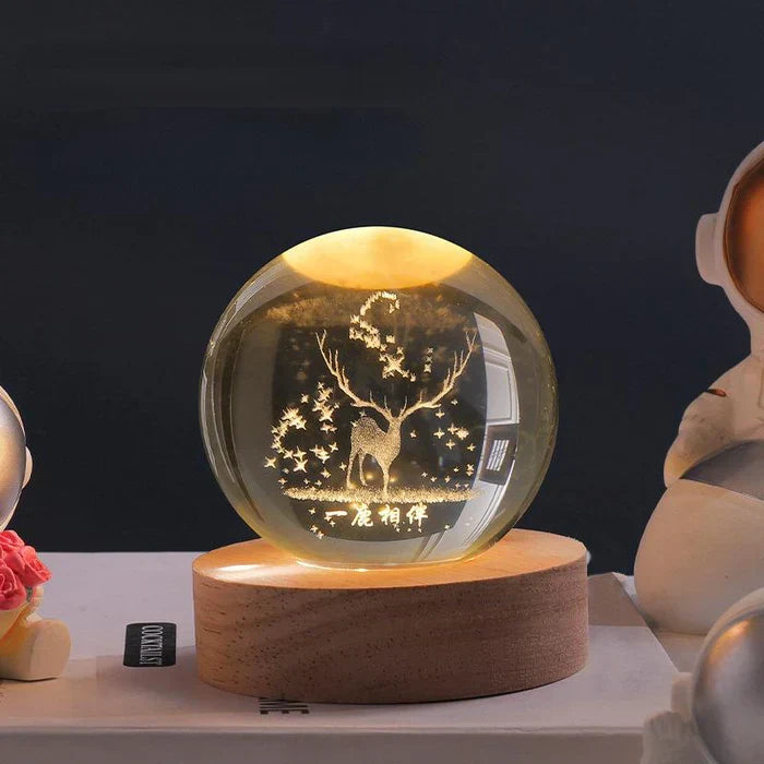 3D Engraved Crystal Ball Night Light – Reindeer