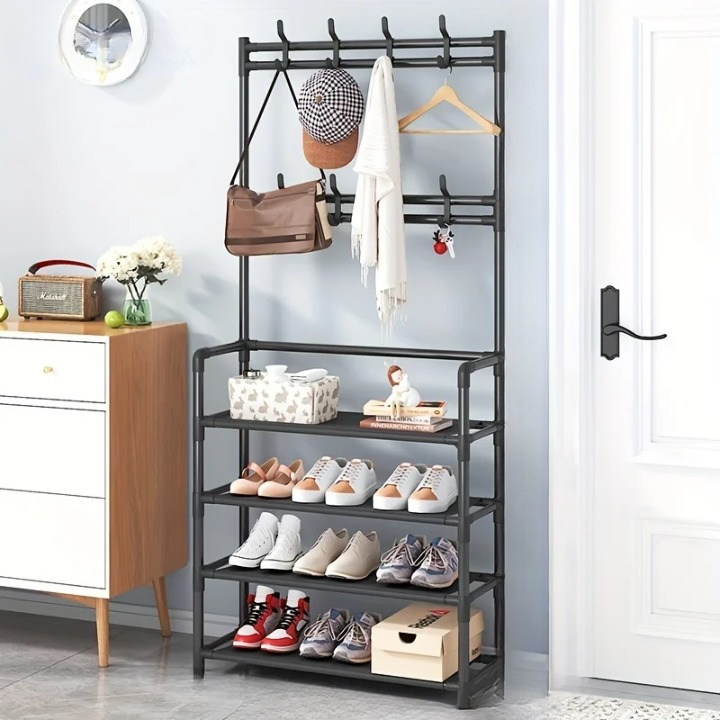 Coat Rack with Shoe Storage Shelves in Black