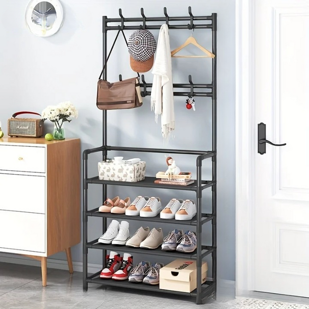 Coat Rack with Shoe Storage Shelves in Black