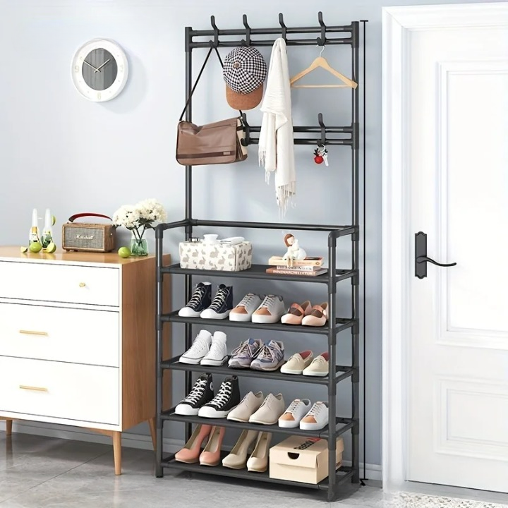 Coat Rack with Shoe Storage Shelves in Black