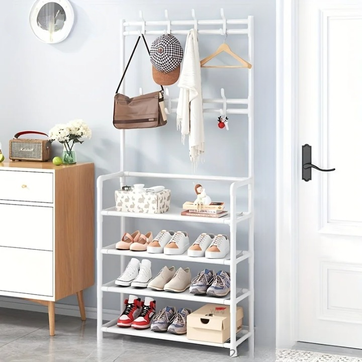 Coat Rack with Shoe Storage Shelves in White