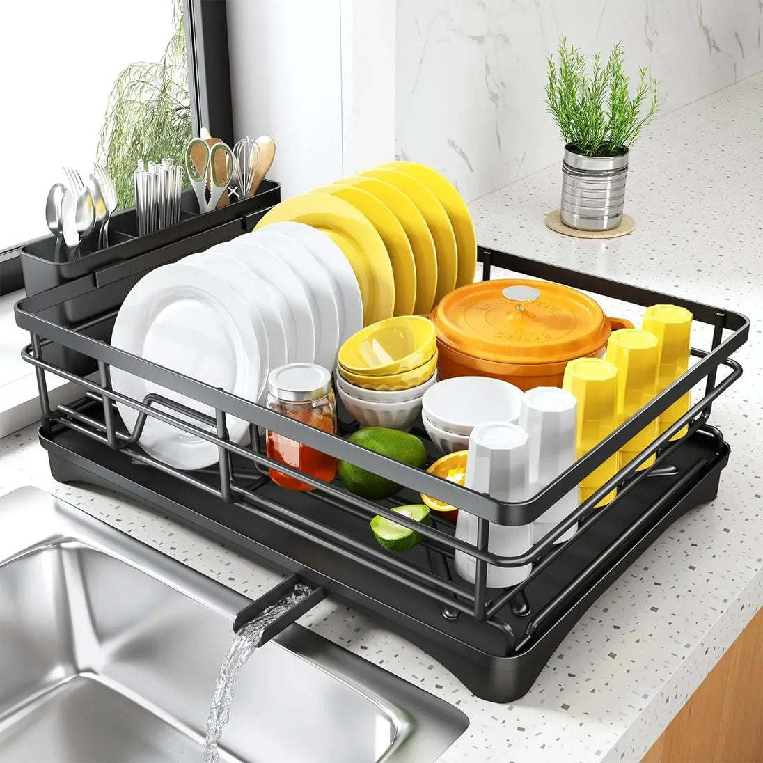 Dish Drying Rack with Drainboard and Cutlery Holder