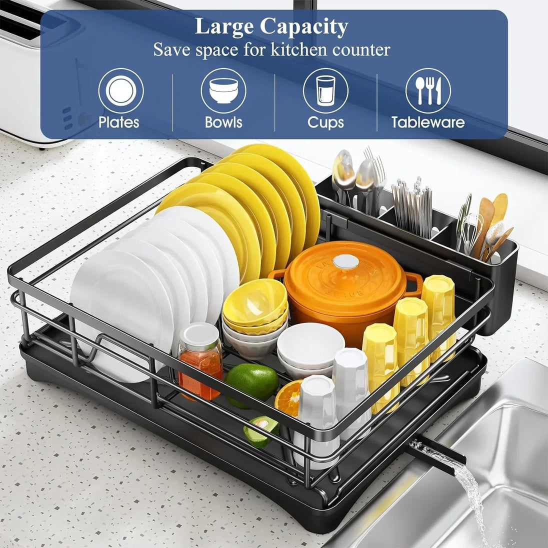 Dish Drying Rack with Drainboard and Cutlery Holder