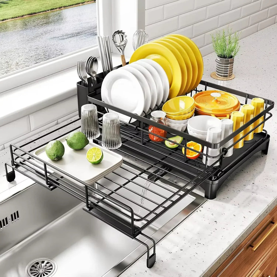 Dish Drying Rack with Drainboard and Cutlery Holder