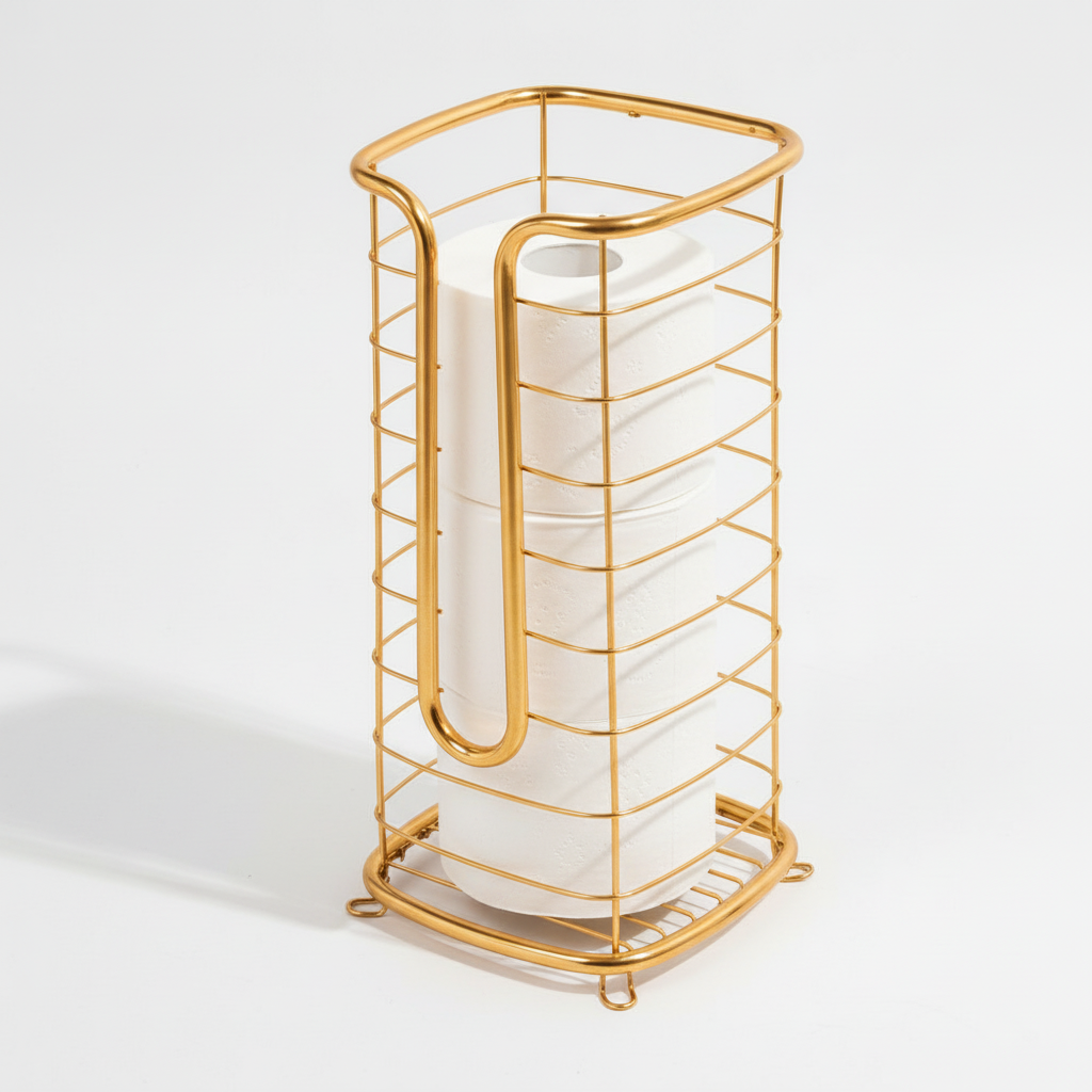 Freestanding Toilet Roll Holder with Storage in Gold