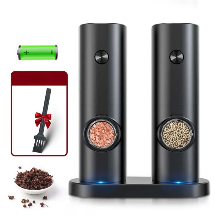 Gravity Electric Salt and Pepper Mill with LED – Black Pair with Base