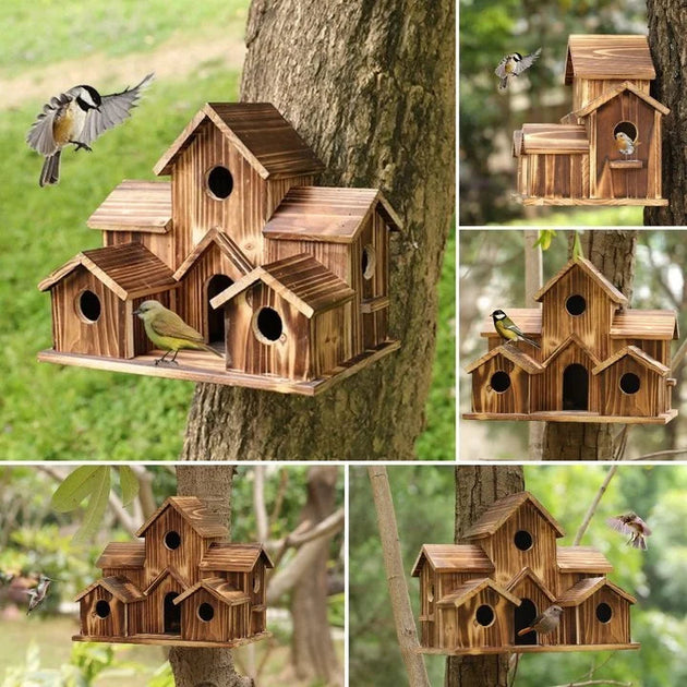 Handmade Six-Entrance Wooden Birdhouse
