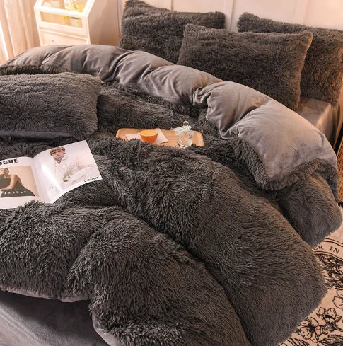 Long-Pile Plush Duvet Cover Set in Dark Grey