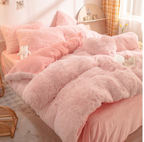 Long-Pile Plush Duvet Cover Set in Light Pink