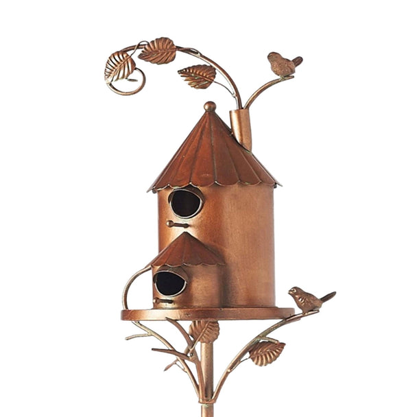 Metal Birdhouse on Garden Stake, cylindrical house