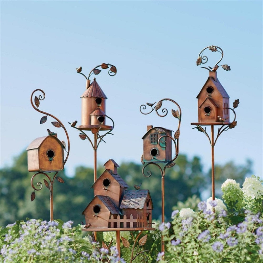Metal Birdhouse on Garden Stake, house with fireplace and window