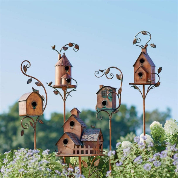 Metal Birdhouse on Garden Stake, house with fireplace and window
