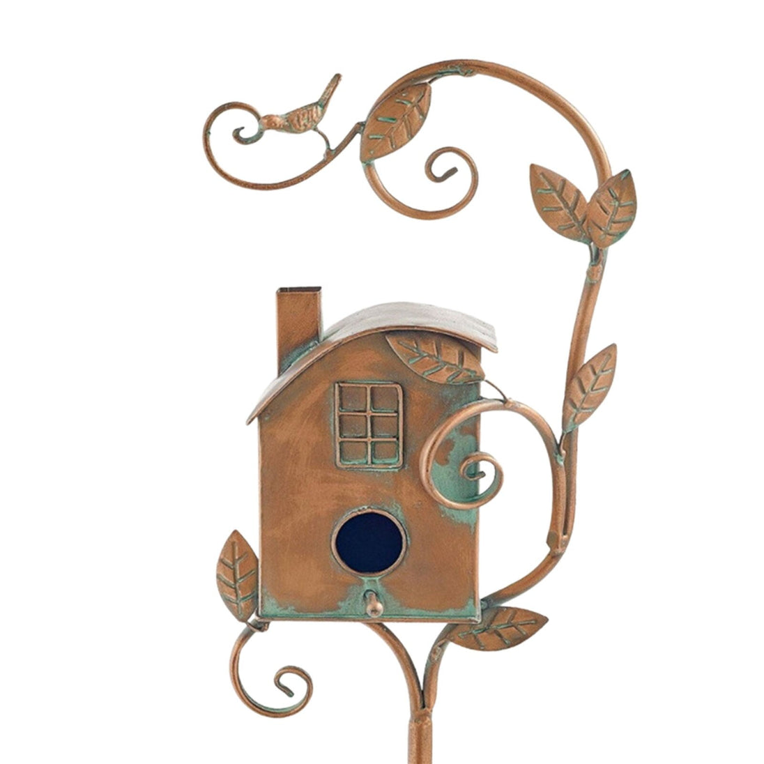 Metal Birdhouse on Garden Stake, house with fireplace and window