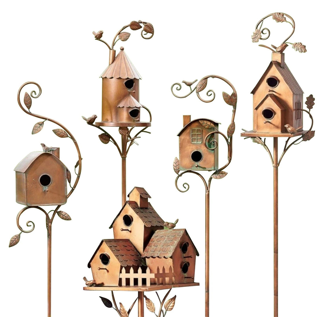 Metal Birdhouse on Garden Stake, house with fireplace and window