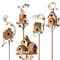 Metal Birdhouse on Garden Stake, house with fireplace and window