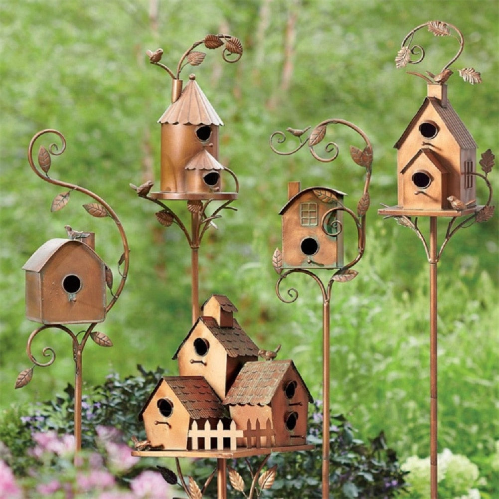 Metal Birdhouse on Garden Stake, house with fireplace and window