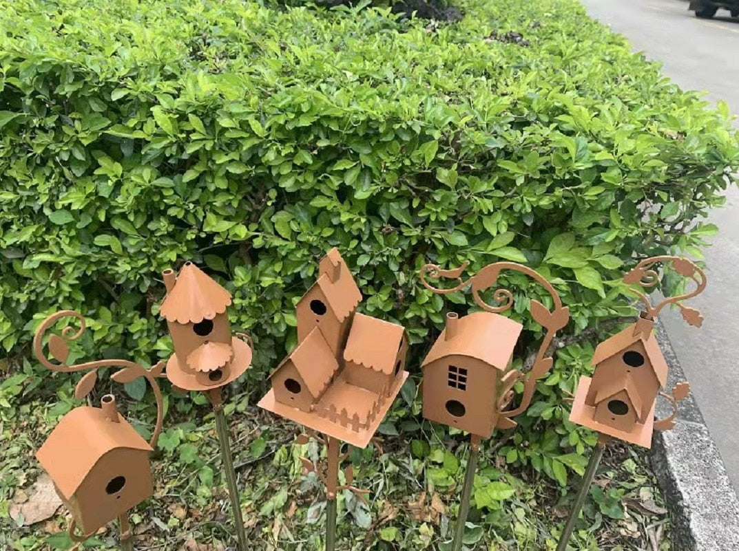 Metal Birdhouse on Garden Stake, house with fireplace and window