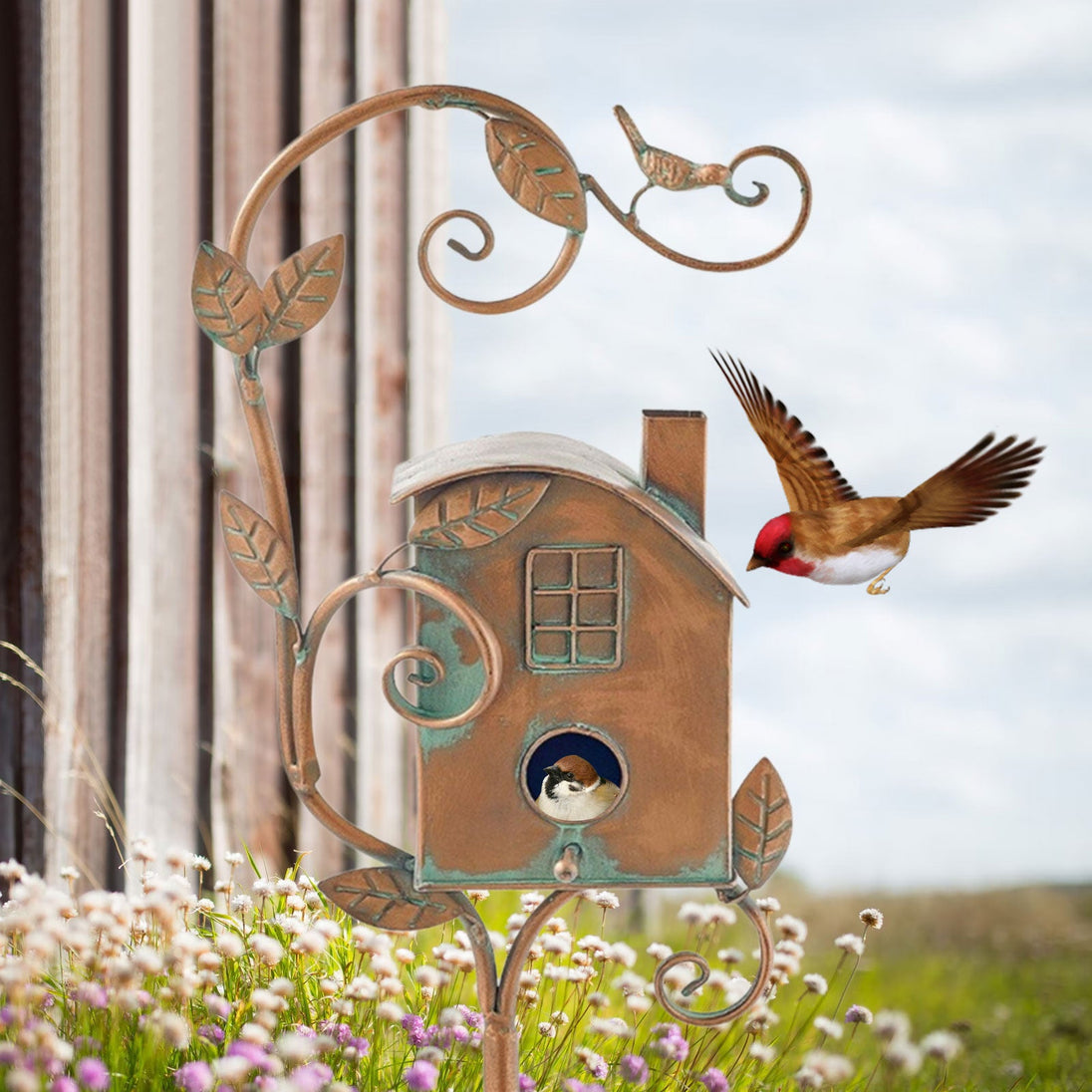 Metal Birdhouse on Garden Stake, house with fireplace and window