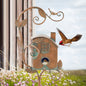 Metal Birdhouse on Garden Stake, house with fireplace and window