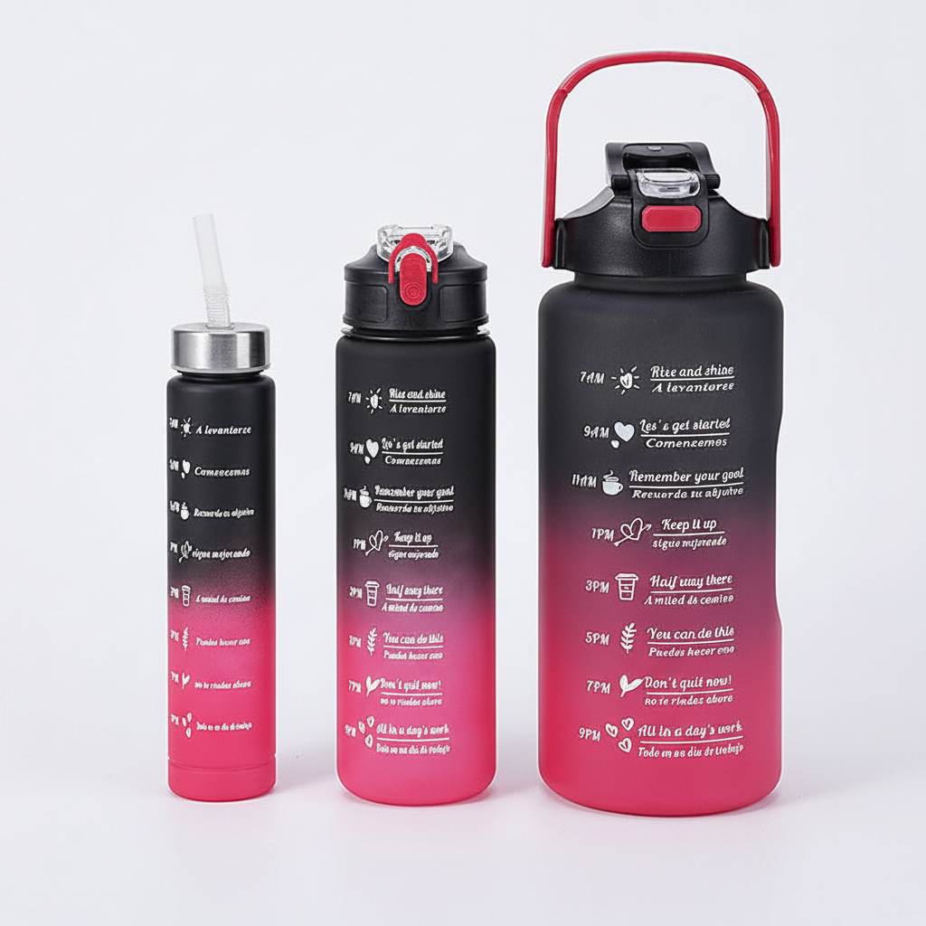 Motivational Water Bottle with Time Markings in Black/Red