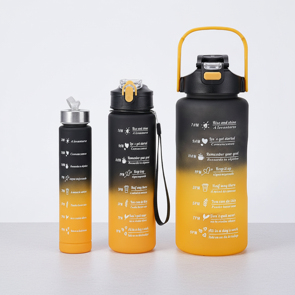 Motivational Water Bottle with Time Markings in Black/Yellow