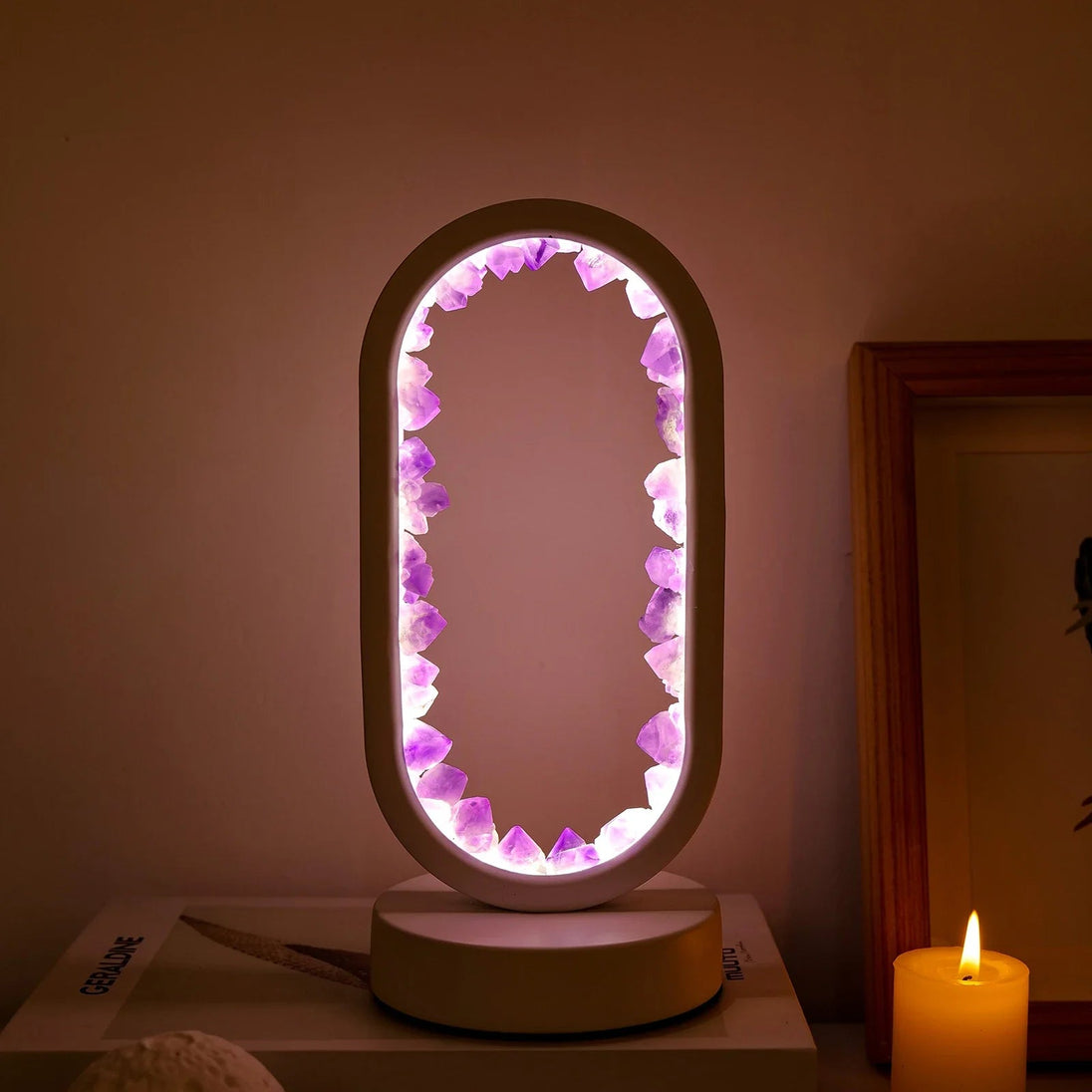 Natural Crystal Table Lamp – Amethyst, White Base