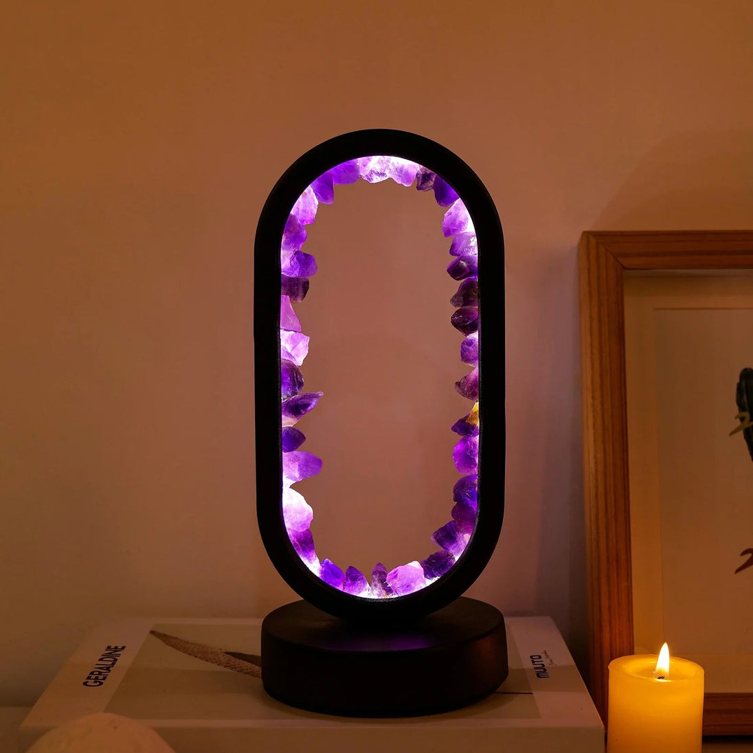 Natural Crystal Table Lamp – Raw Amethyst, Black Base