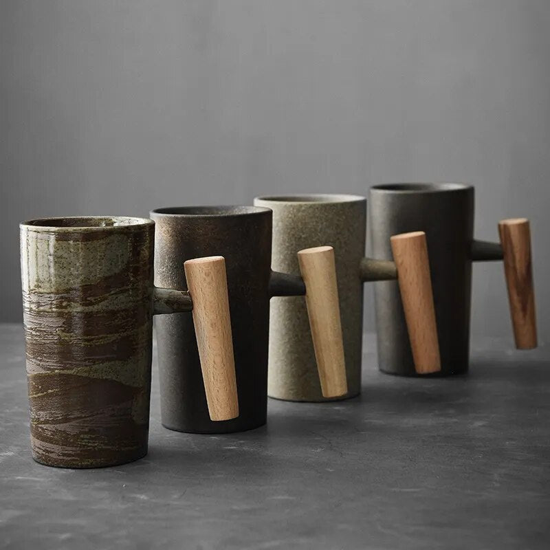 Nordic Ceramic Latte Mug with Wooden Handle