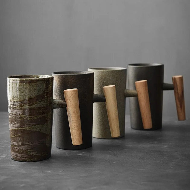 Nordic Ceramic Latte Mug with Wooden Handle