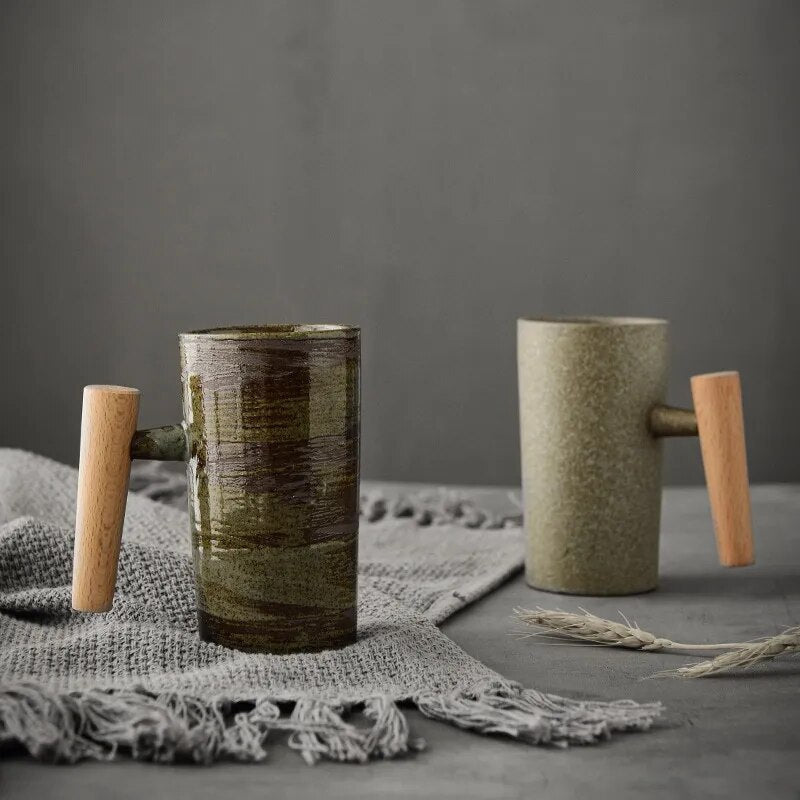 Nordic Ceramic Latte Mug with Wooden Handle