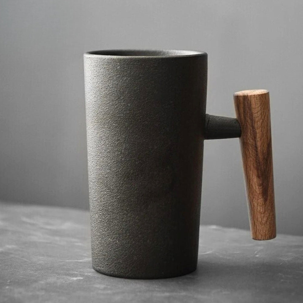 Nordic Ceramic Latte Mug with Wooden Handle in Onyx