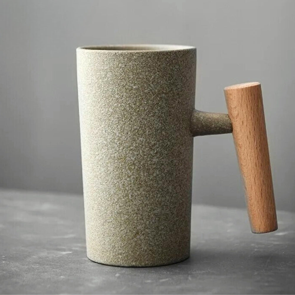 Nordic Ceramic Latte Mug with Wooden Handle in Sage