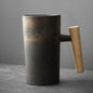 Nordic Ceramic Latte Mug with Wooden Handle in Volcanic