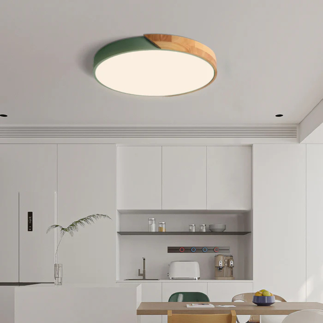 Metal and Wood LED Ceiling Light – in a room setting