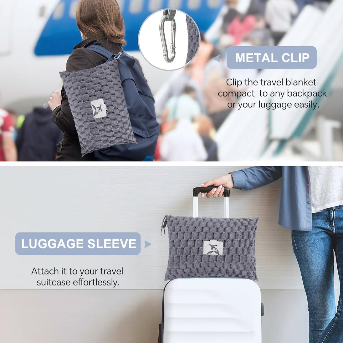 Packable Flannel Travel Blanket with Pillow Bag