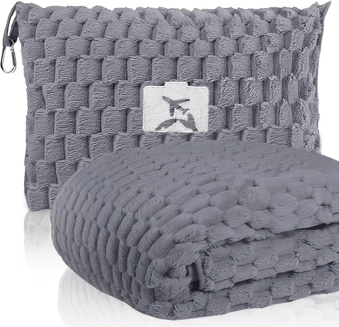 Packable Flannel Travel Blanket with Pillow Bag in Grey