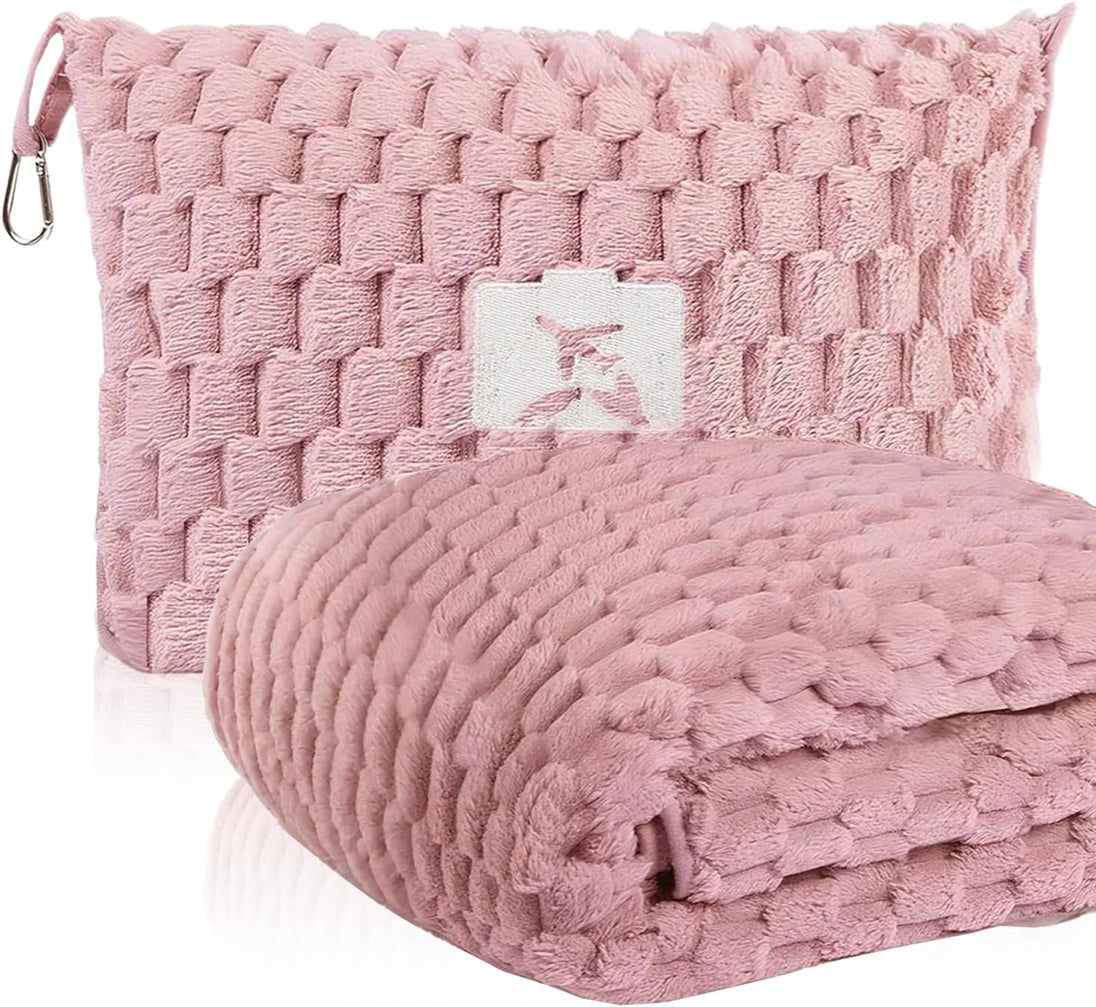 Packable Flannel Travel Blanket with Pillow Bag in Pink