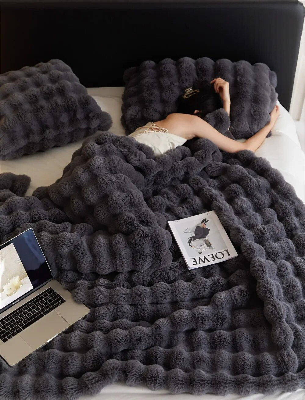 Plush Faux Fur Throw Blanket in dark grey