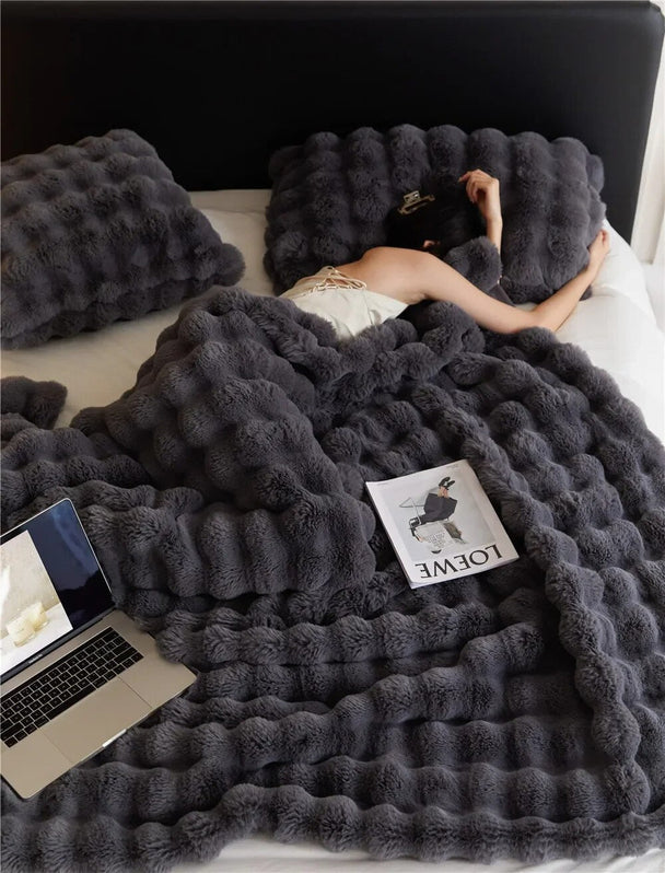 Plush Faux Fur Throw Blanket in dark grey