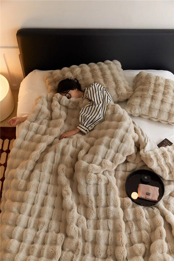 Plush Faux Fur Throw Blanket in light brown