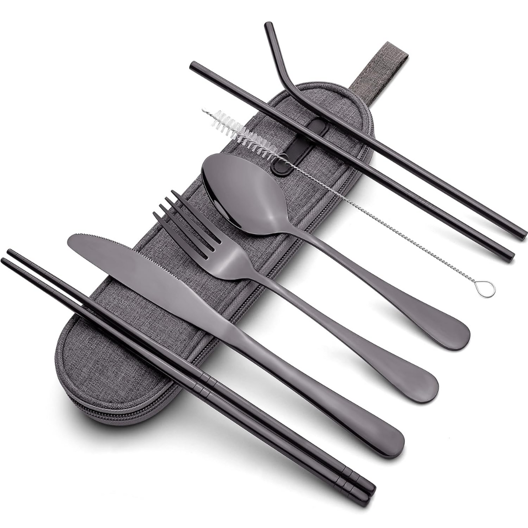 Portable Stainless Steel Cutlery Set with Case in Black