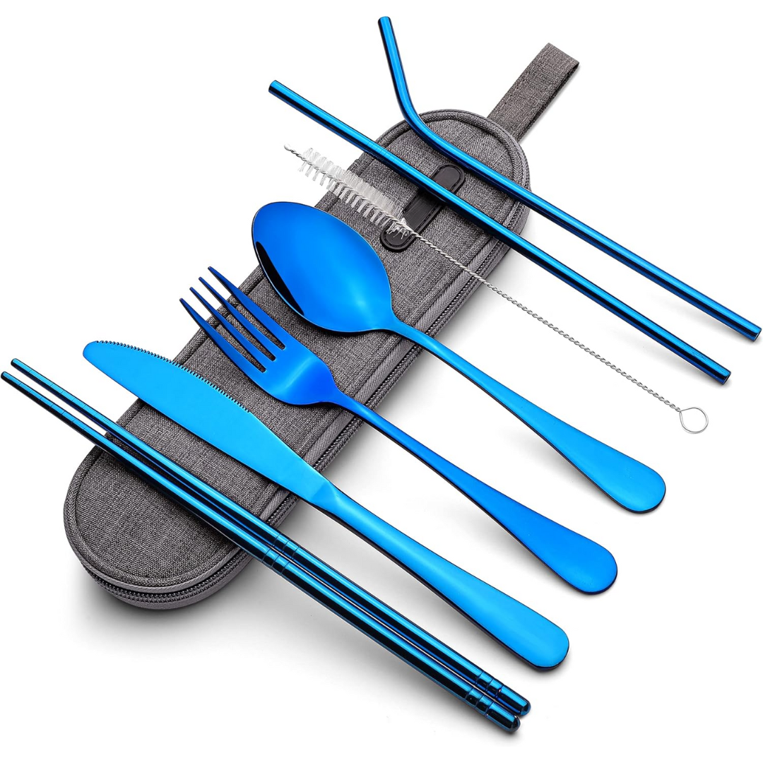 Portable Stainless Steel Cutlery Set with Case in Blue