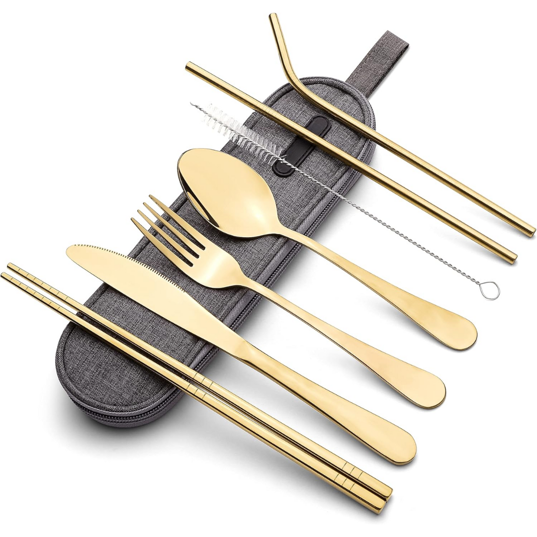 Portable Stainless Steel Cutlery Set with Case in Gold