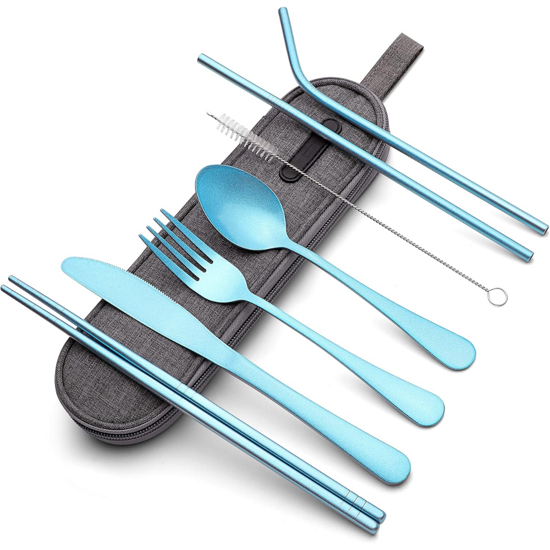 Portable Stainless Steel Cutlery Set with Case in Light Blue