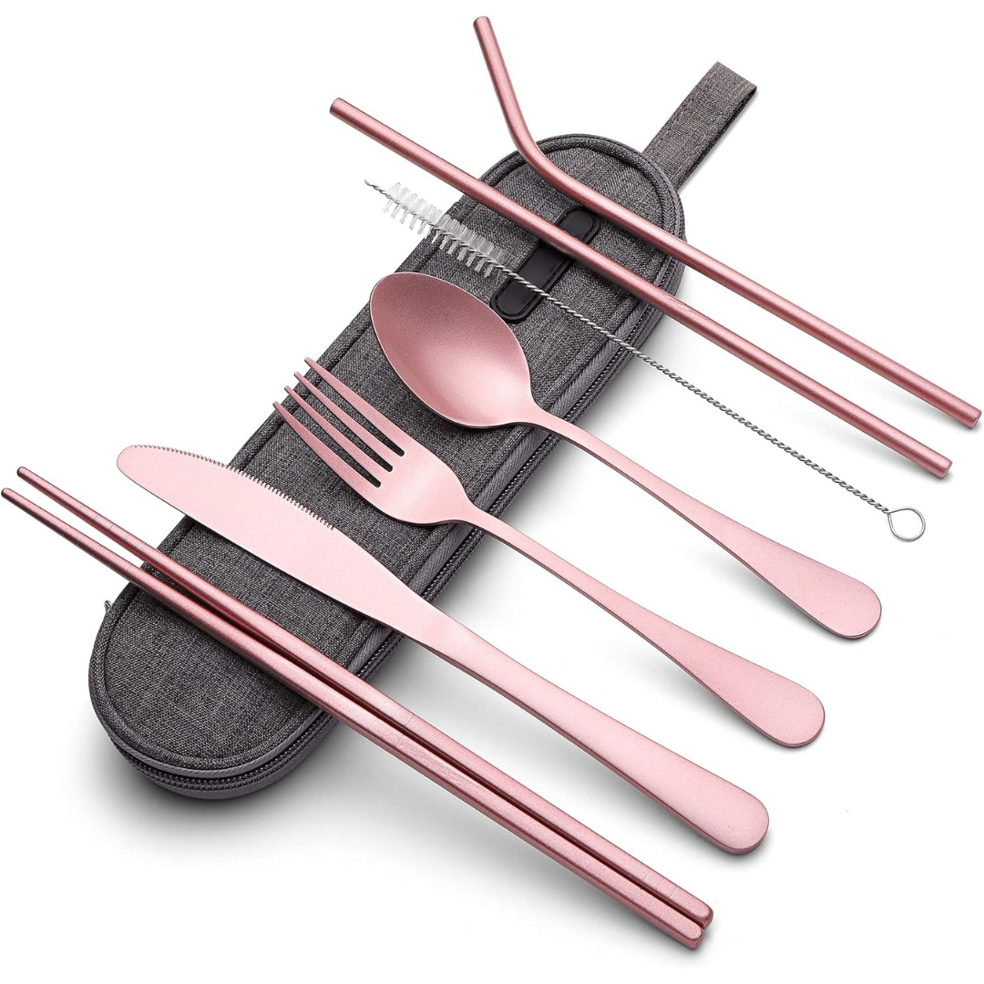 Portable Stainless Steel Cutlery Set with Case in Pink