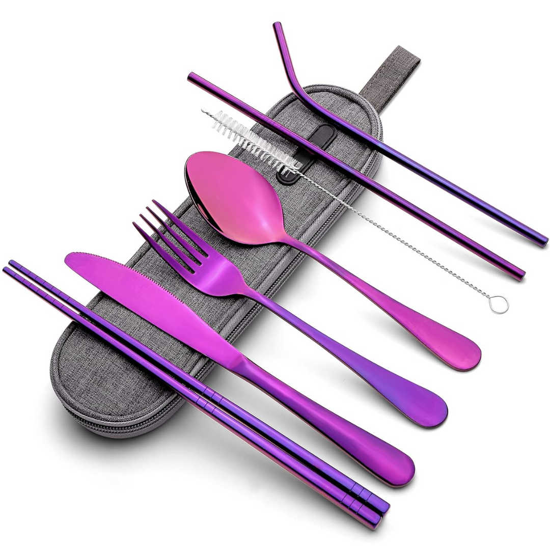 Portable Stainless Steel Cutlery Set with Case in Purple