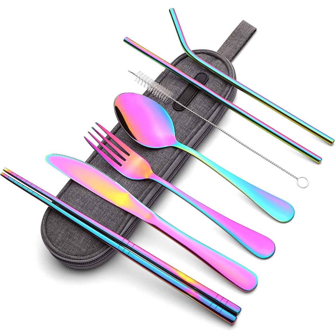 Portable Stainless Steel Cutlery Set with Case in Rainbow