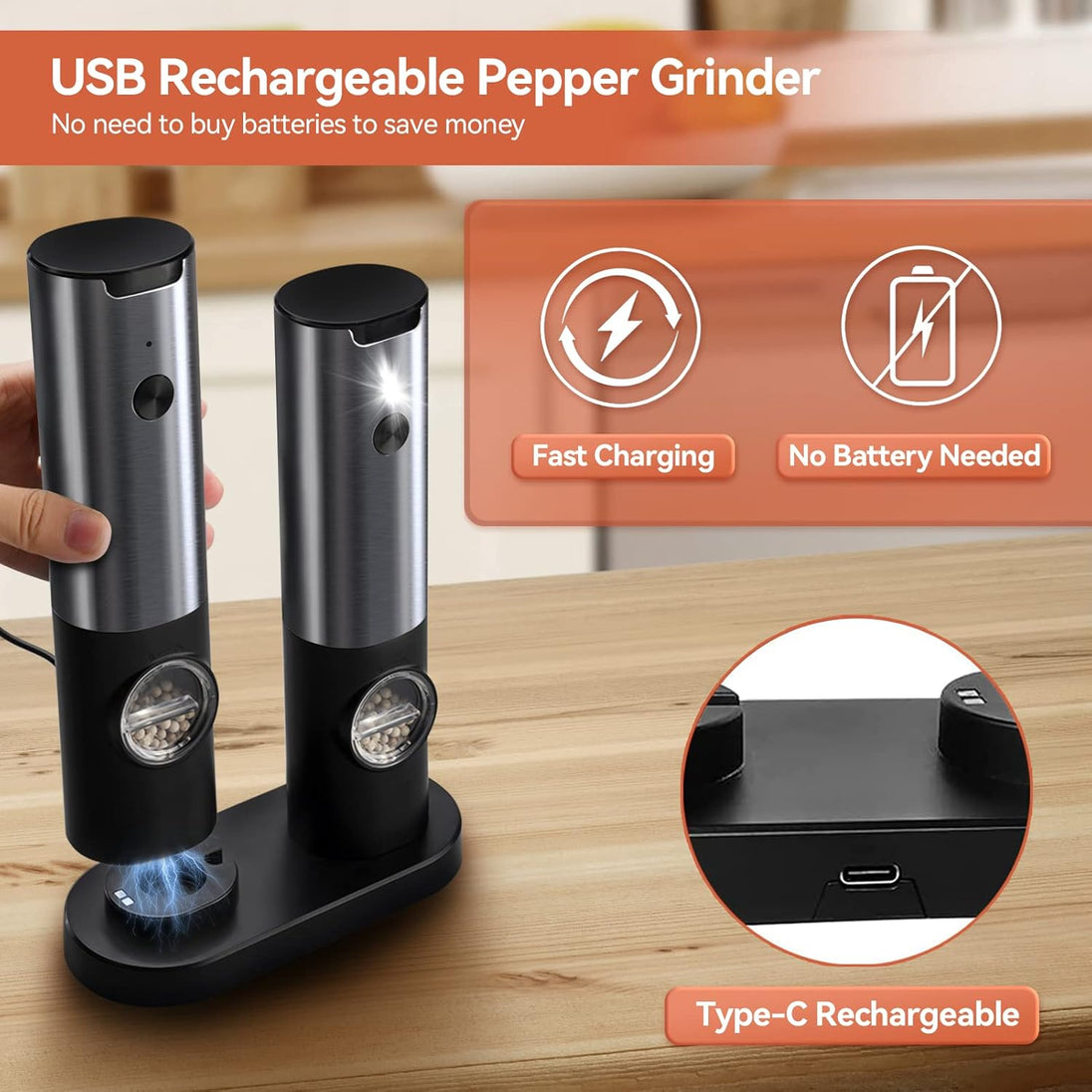 Rechargeable Electric Salt and Pepper Mill Set in black