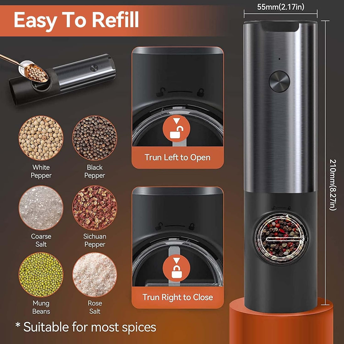 Rechargeable Electric Salt and Pepper Mill Set in black