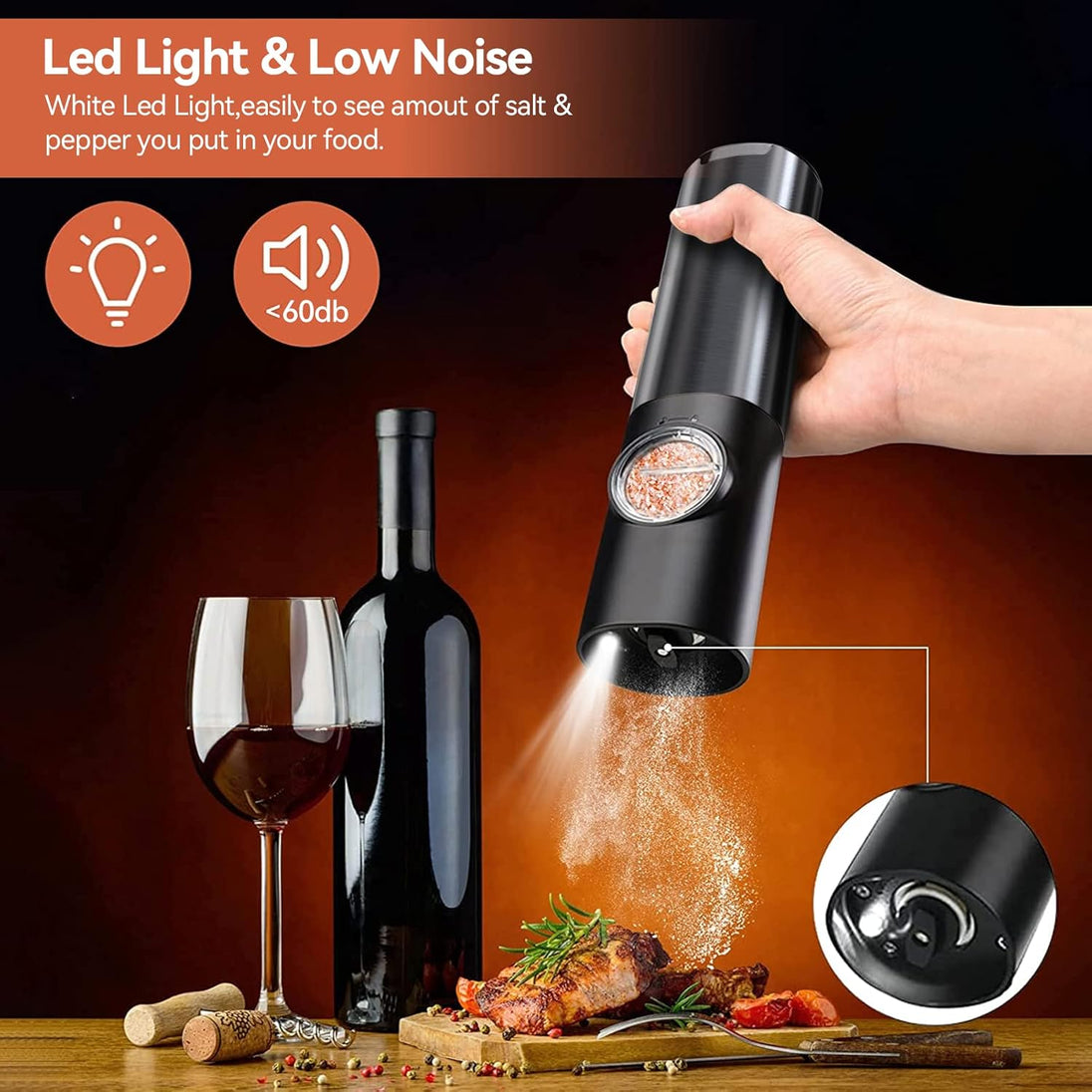 Rechargeable Electric Salt and Pepper Mill Set in black